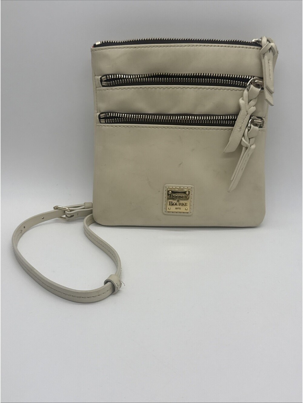 Dooney & Bourke Leather Double Zip Crossbody Bag Cream Off White Small